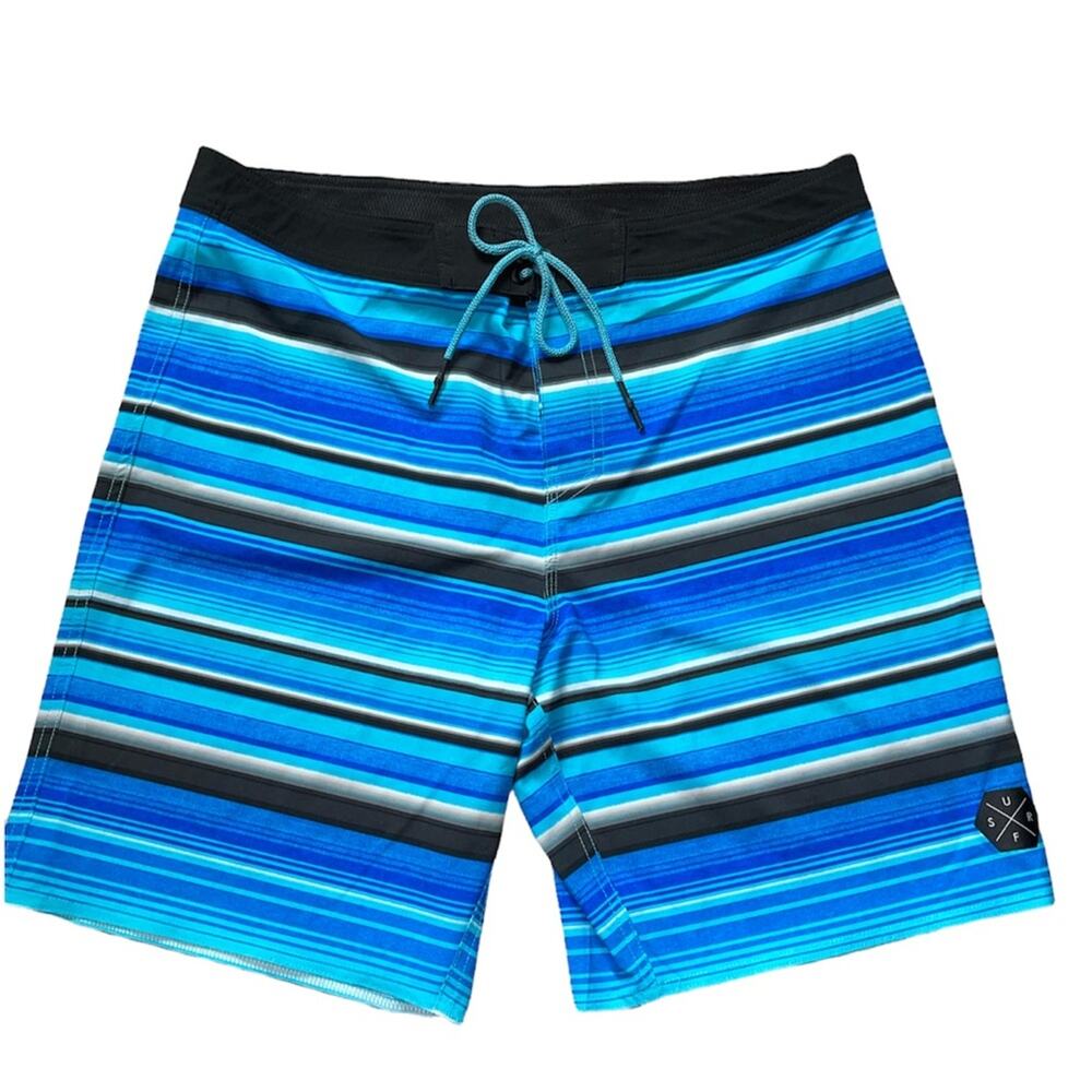George Aqua Blue Striped Front Tie Swim Trunks Board Shorts size 36